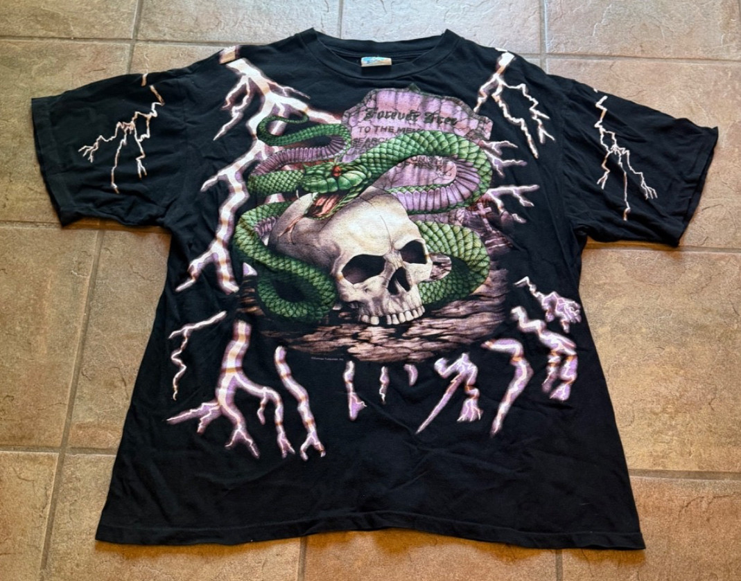 Vintage 90s American Thunder Forever Free Snake Skull Lightning T Shirt XXL