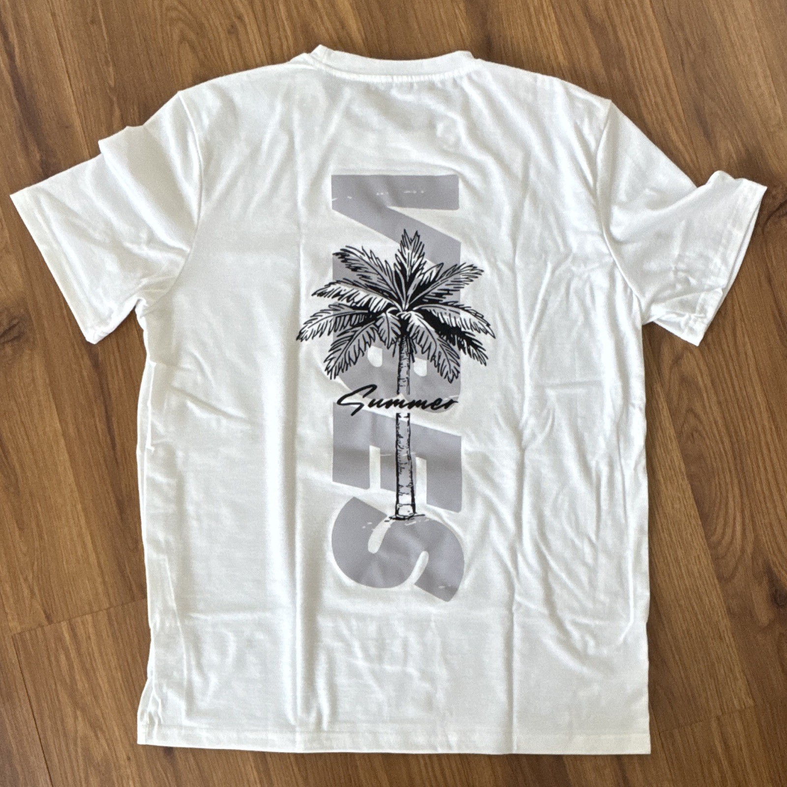 Men’s White Crew Neck Short Sleeve Graphic Beach T-Shirt Polyester/Spandex S