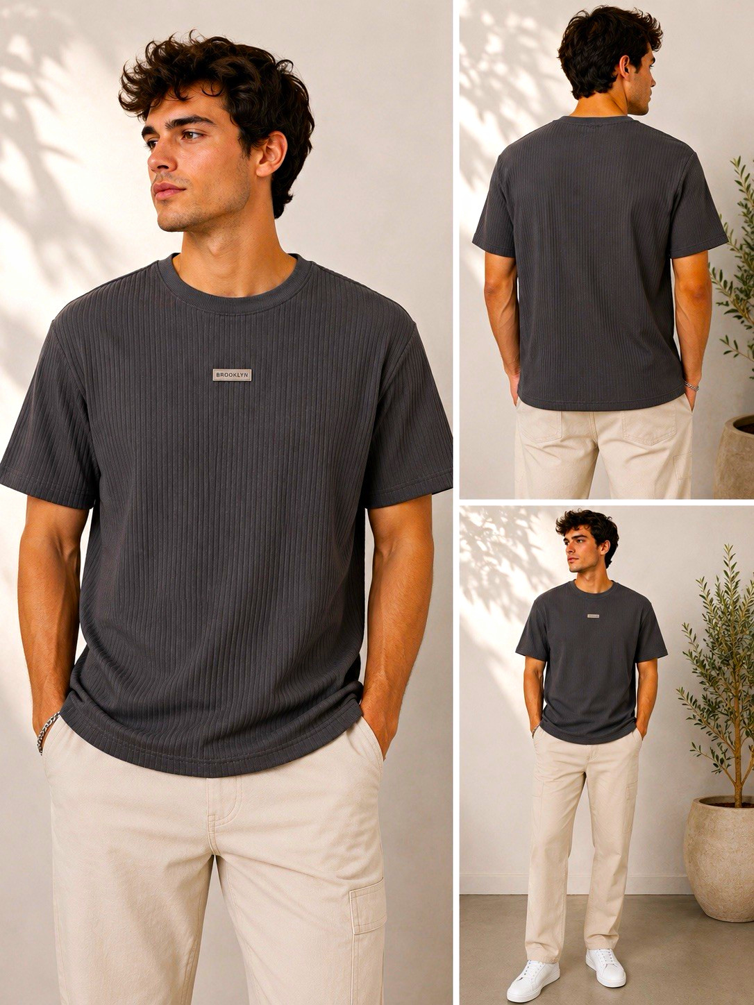 Brooklyn Gray Solid Rib Knit Logo Men’s Crew Neck Short Sleeve T-Shirt, M