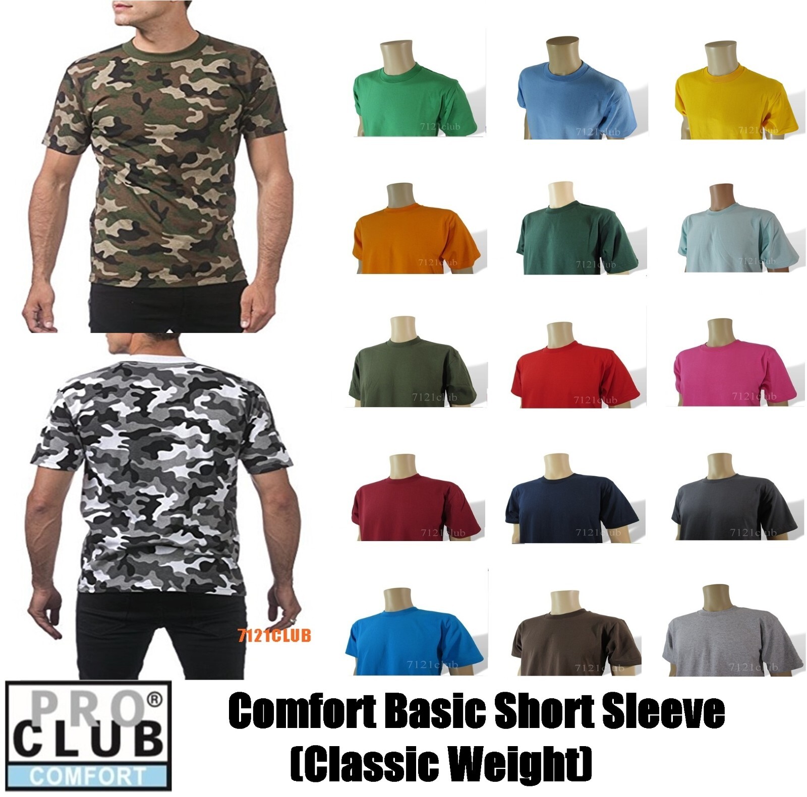 PRO CLUB COMFORT T SHIRT PROCLUB MENS PLAIN CREWNECK SHORT SLEEVE CAMO TEE S-7XL