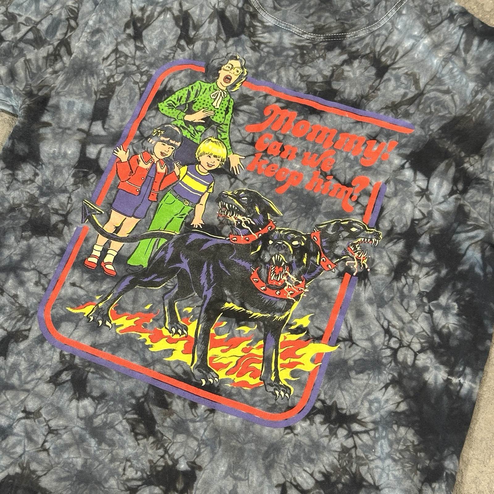 80s Devil Comic Themed Tie Dye black and grey Cotton Crewneck shirt M