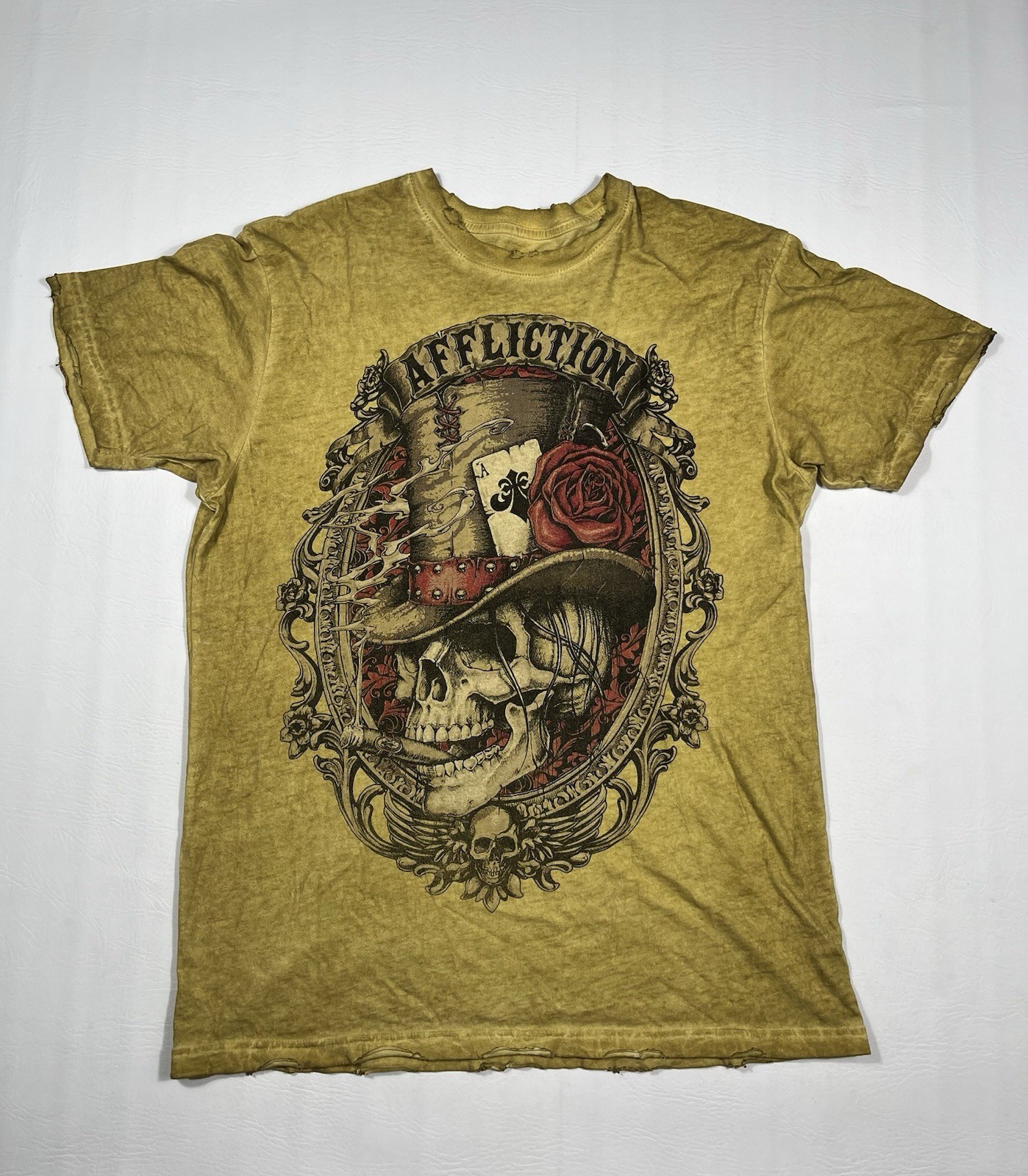 Affliction Live Fast T Shirt Mens Large Yellow Skull Graphic Distressed Y2K Tee