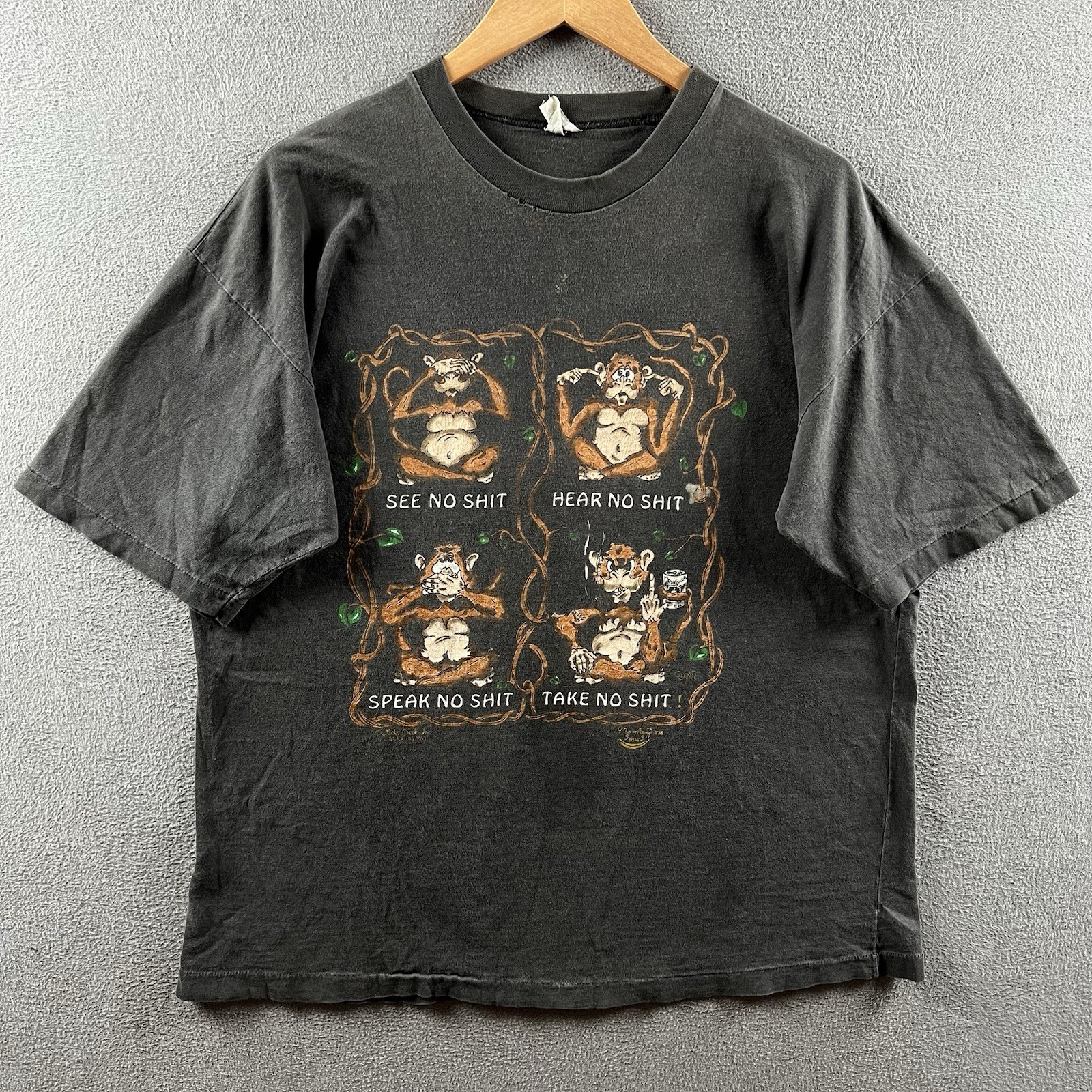 Vintage Monkey Shirt Mens XL Black Faded 90s Single Stitch Funny Vulgar Grunge