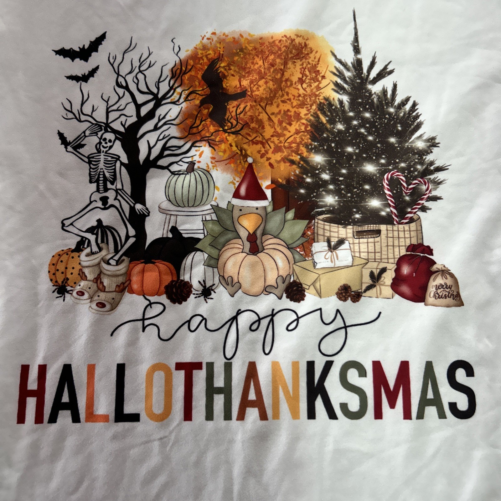 Happy HalloThanksMas Shirt Fall Size L Thanksgiving Christmas Pumpkins Trees