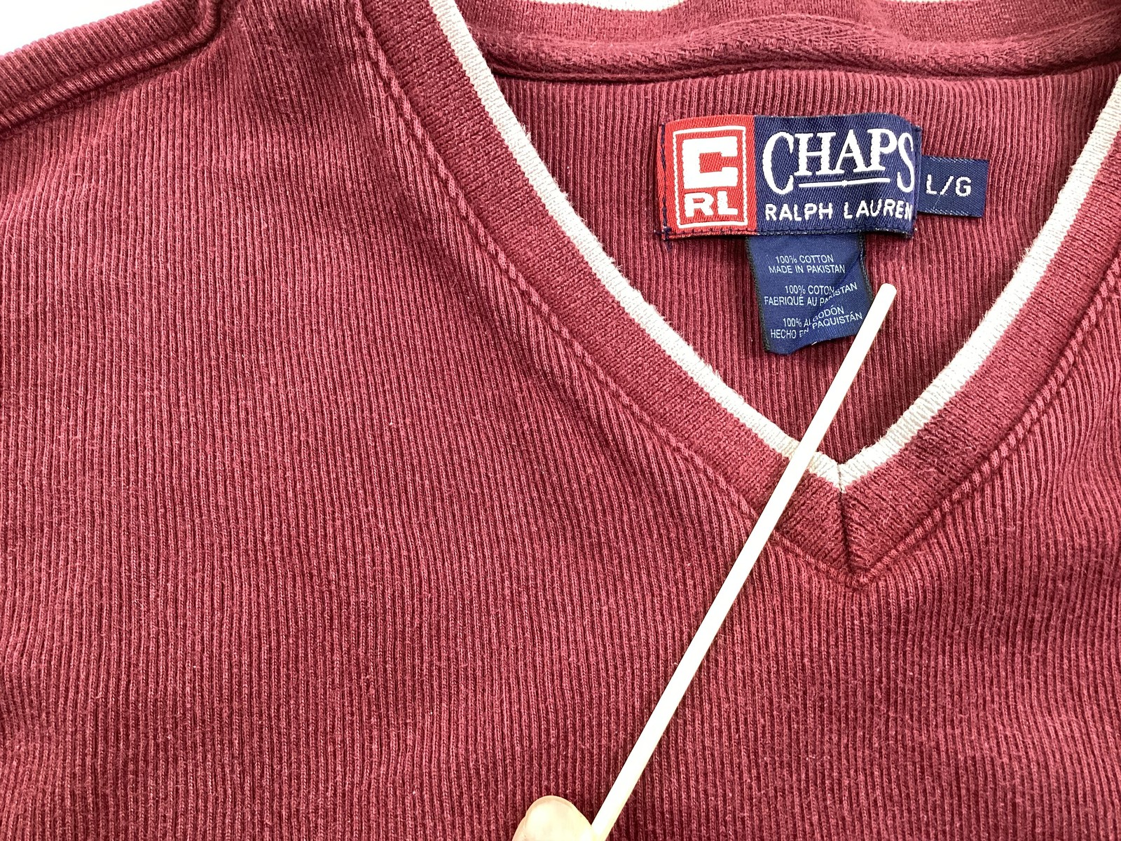Chaps Ralph Lauren Men’s L/G Burgundy Cotton V-Neck Long Sleeve T-Shirt Striped