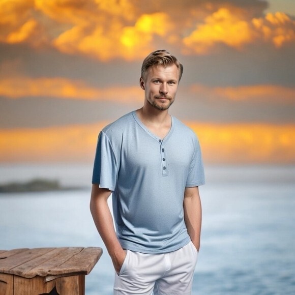 T&B Blue Cotton Polyester Blend Button Front Short Sleeve Relaxed Fit Mens Tee L