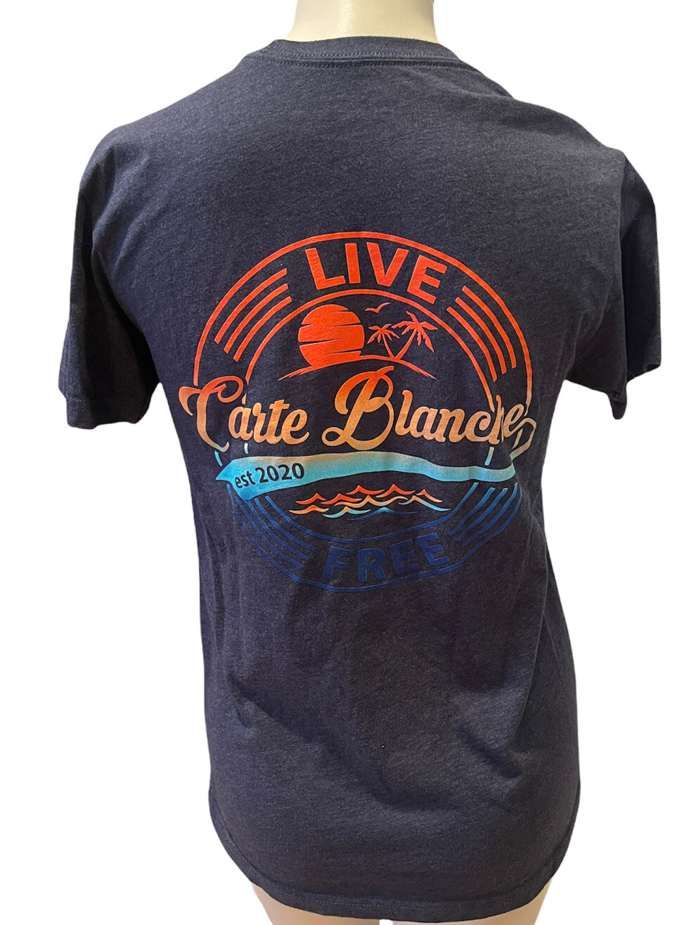 Carte Blanche T-Shirt Sz Small Blue Gray “Live Free” “Til Death Do Us Part” Surf