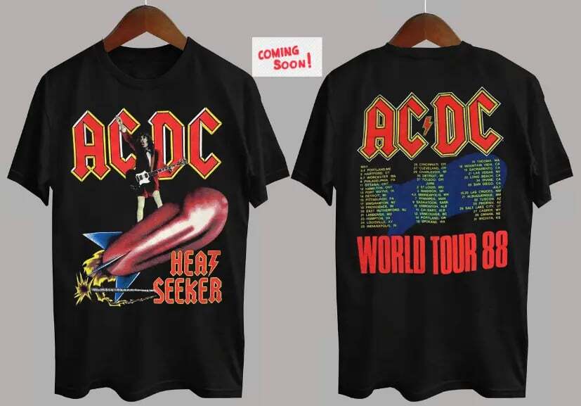 1988 Heatseeker World Tour ACDC Band Cotton Black Full Size 2 Sided T-Shirt TMB2