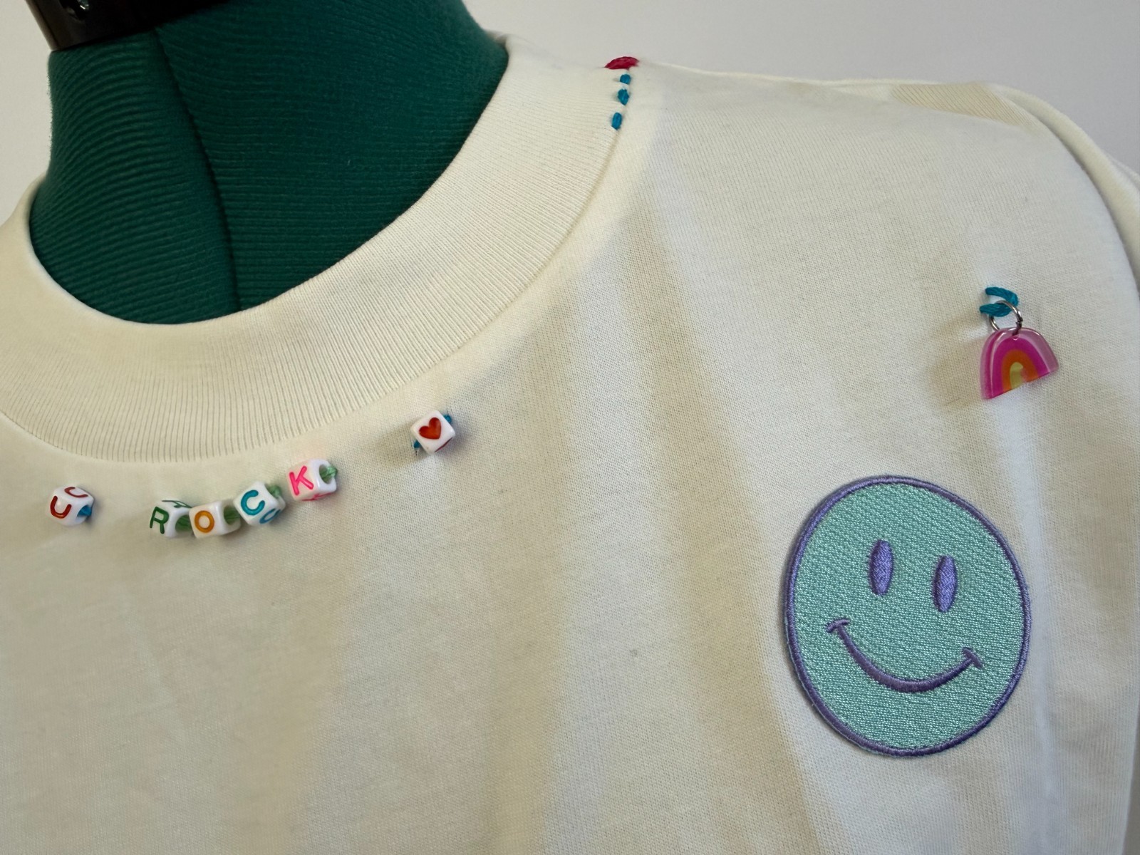 Oversized White Shirt Y2K Smiley Beaded Charms Handmade Stelle Brand