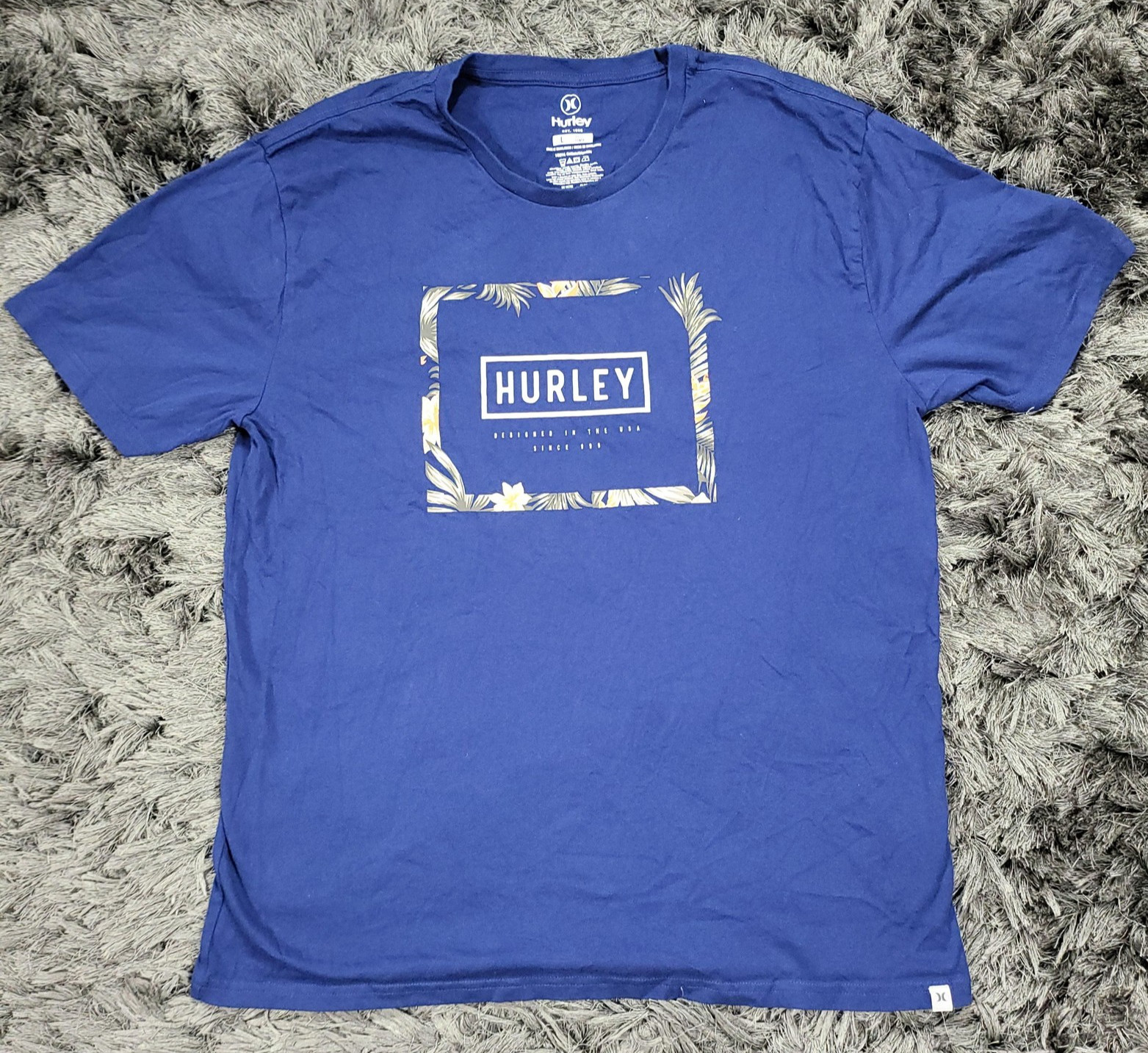 Hurley Shirt Mens Large Blue Tropical Logo Graphic Tee Tagless Crewneck Surf