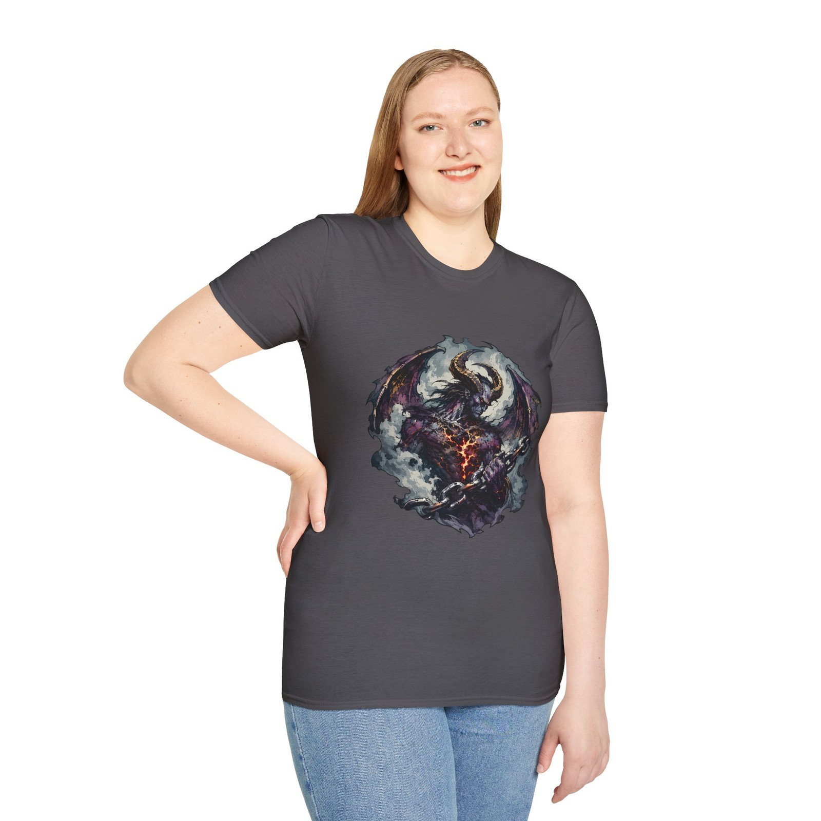 Demon Reaper Dark Angel Chain Horns Wings Unisex Softstyle T-Shirt