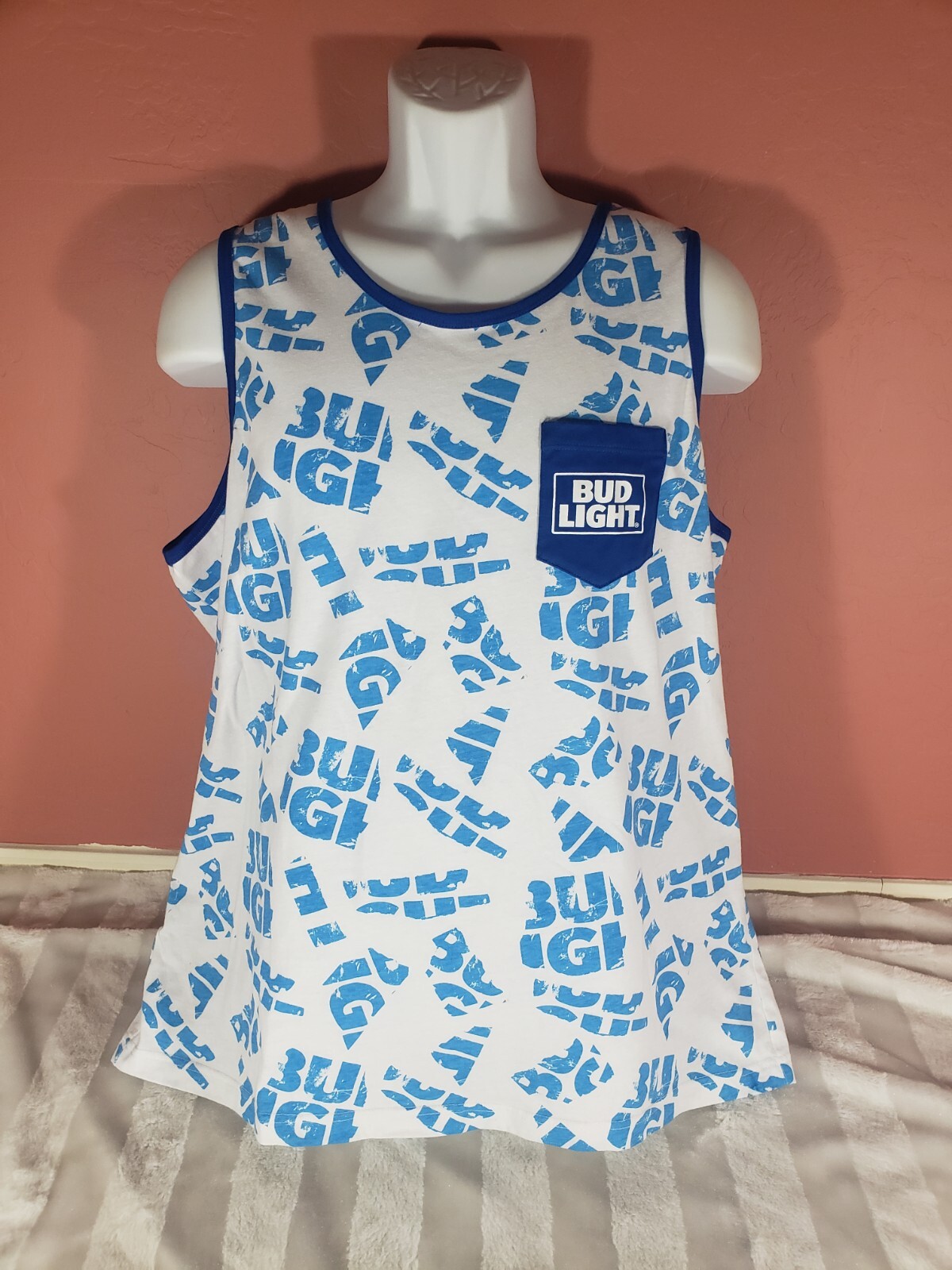 Bud Light Beer White Blue AOP Muscle Tank Top Shirt Chest Pocket Mens XL NWOT
