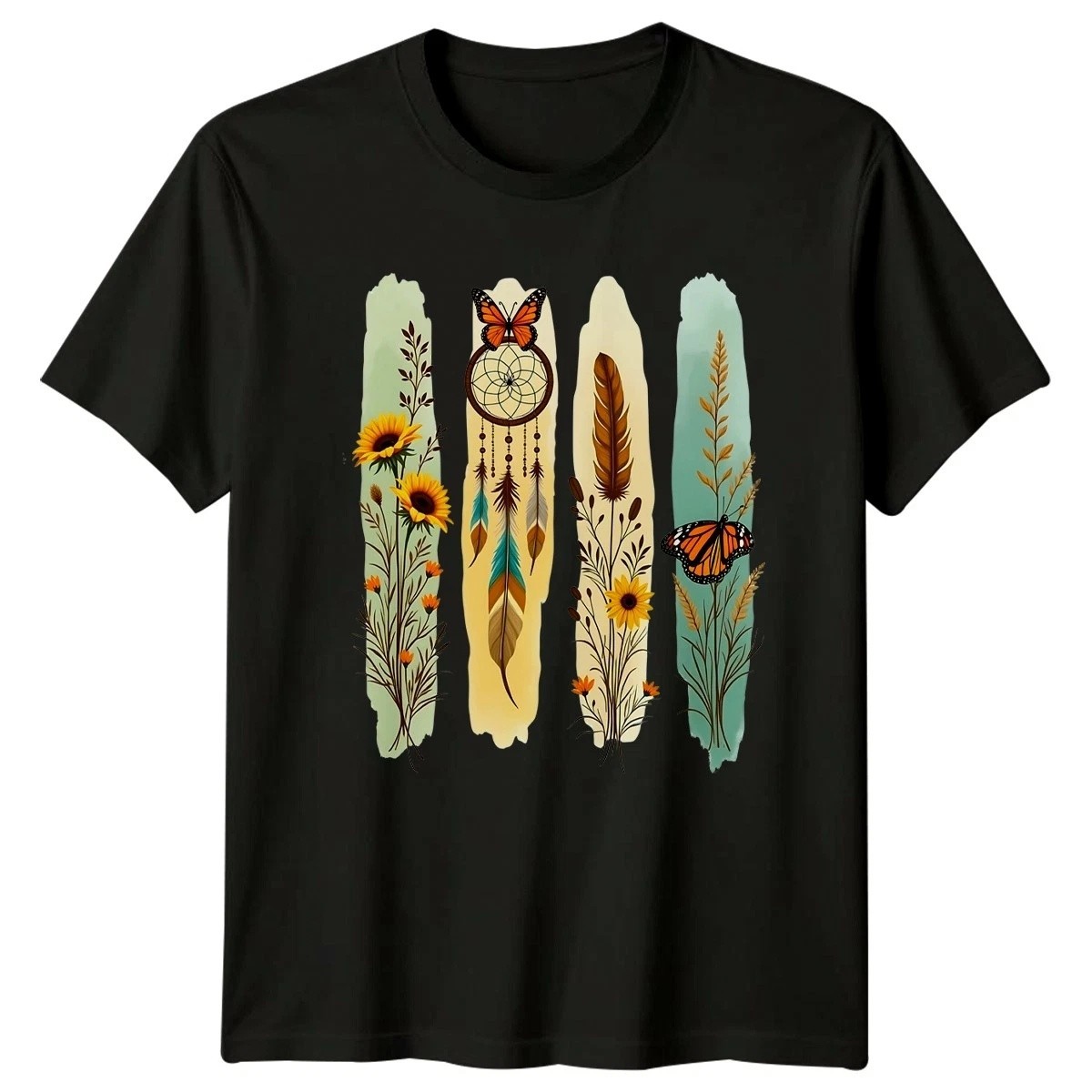 Boho Nature Butterfly T-Shirt Sunflower Dreamcatcher Graphic Tee Women Men