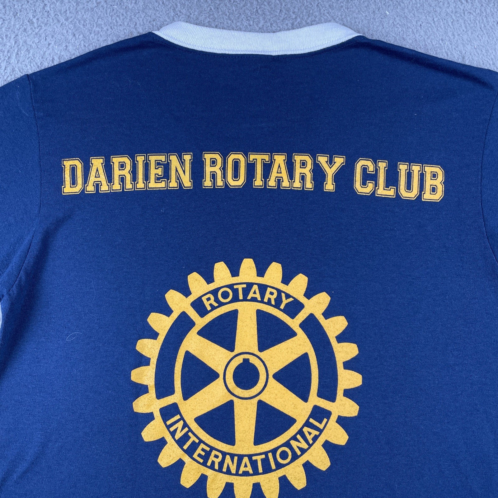 Vtg Augusta Sportswear Navy Blue Ringer V-Neck T Shirt Darien Rotary Club 90s