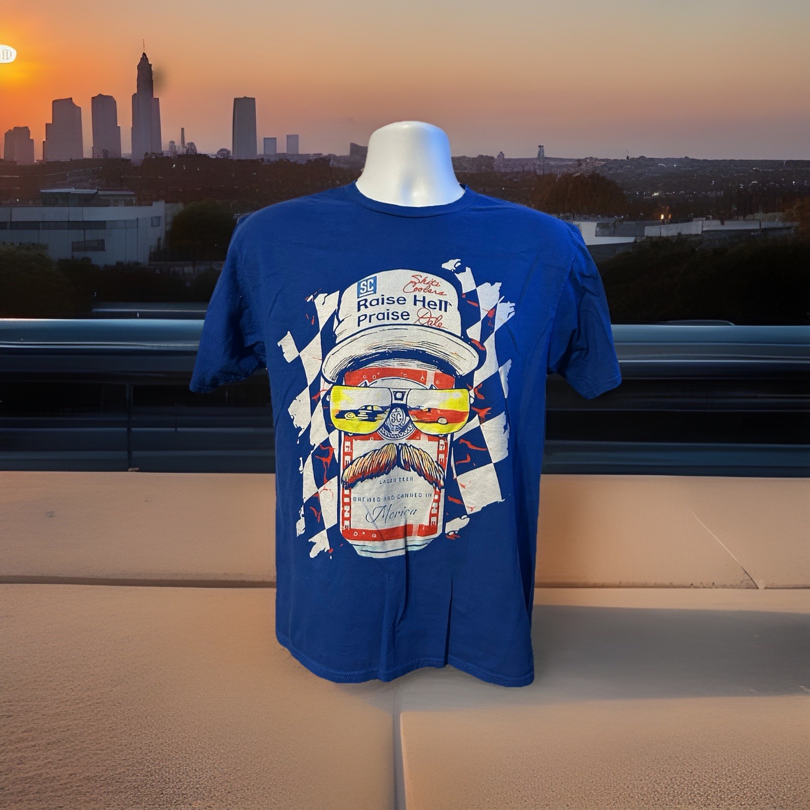 Dale Earnhardt Budweiser Raise Hell Praise Dale Shirt Men Medium Blue Port Co.