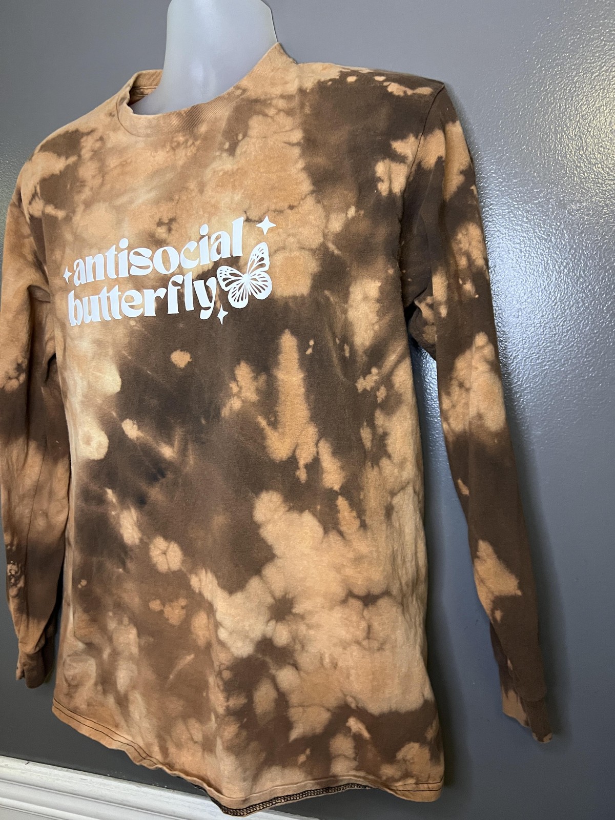 Antisocial Butterfly Long Sleeve Tee Shirt Mens Large Brown Tie Dye Boho Gildan