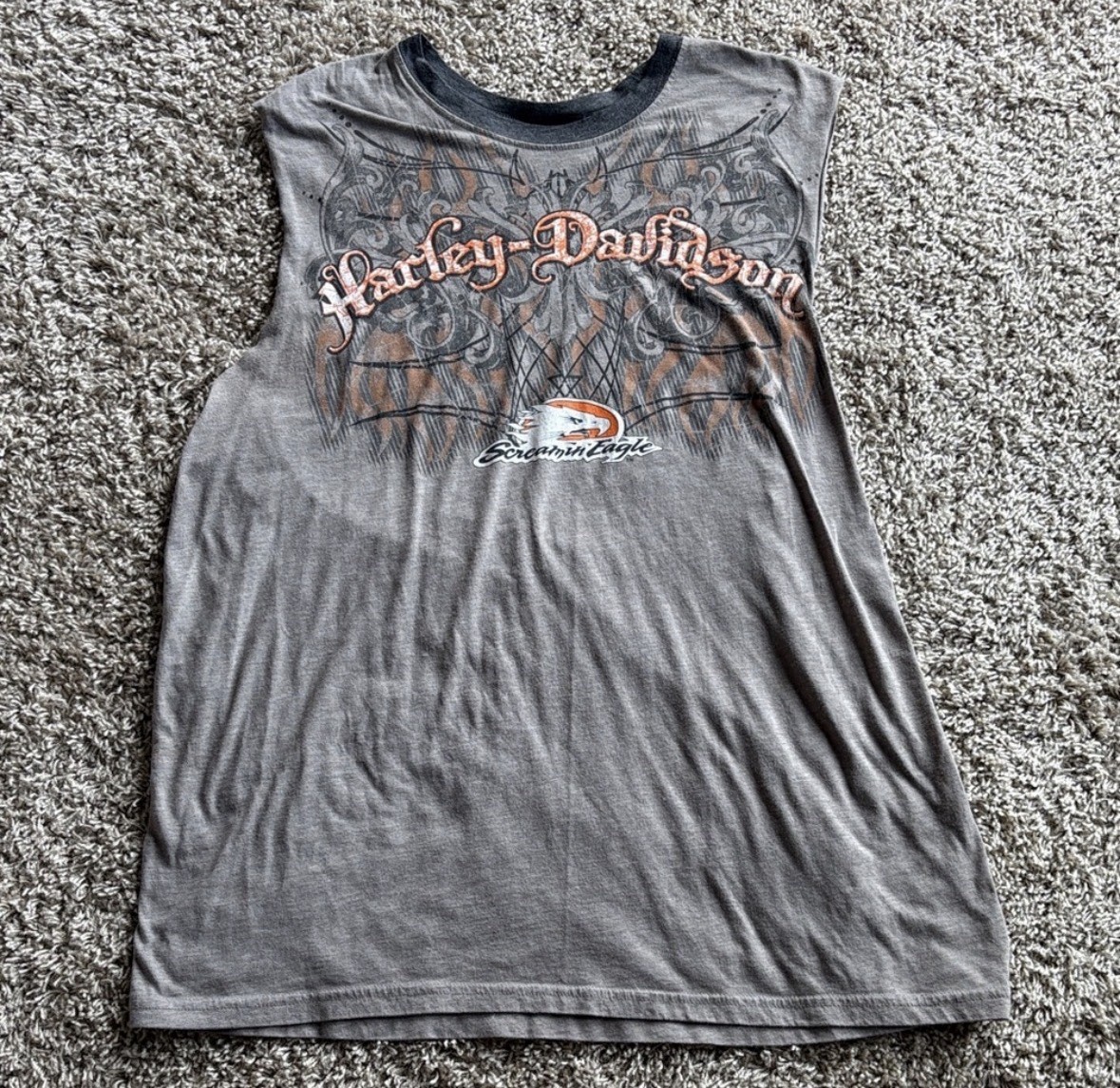 Harley-Davidson Vintage Screamin Eagle Men’s Cuff Off Grey Shirt Size XL