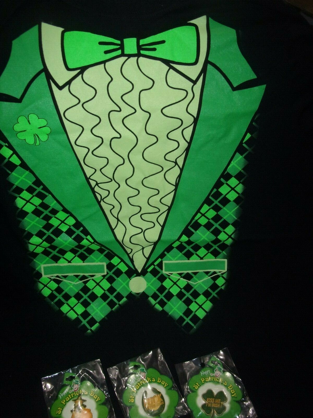 Irish Fest, St. Patrick’s Day Leprechaun suit front Large t-shirt & 3 pins ^