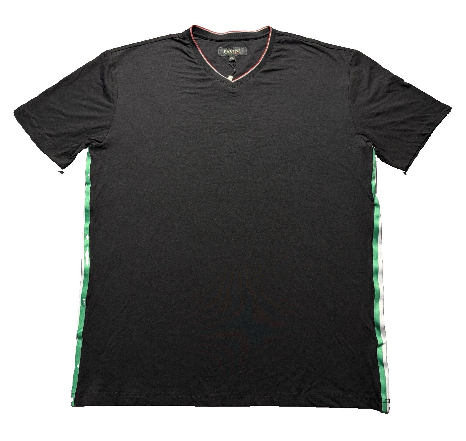 Pavini Men’s XXL Black V-Neck T-Shirt Italian Flag Stripe Trim NWT Casual