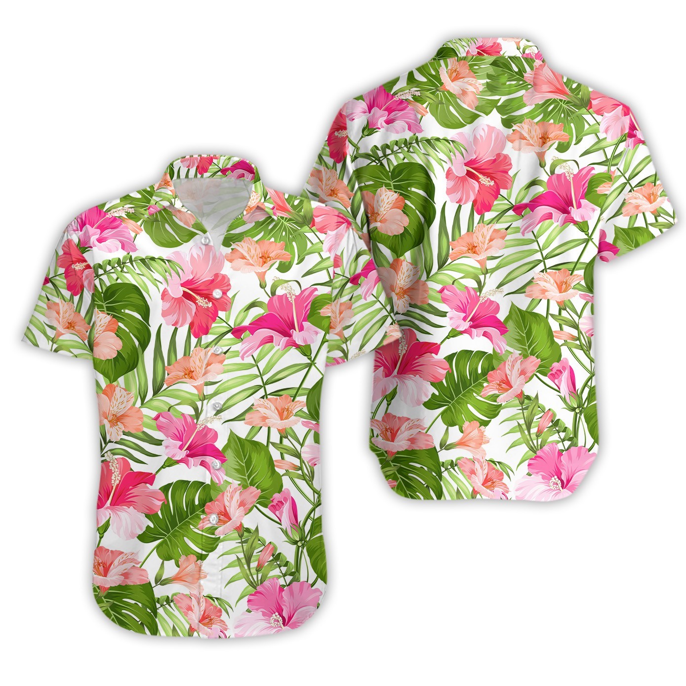 Men Pink Hibiscus Hawaiian Shirt Aloha Tropical Floral Button Down Beach Summer
