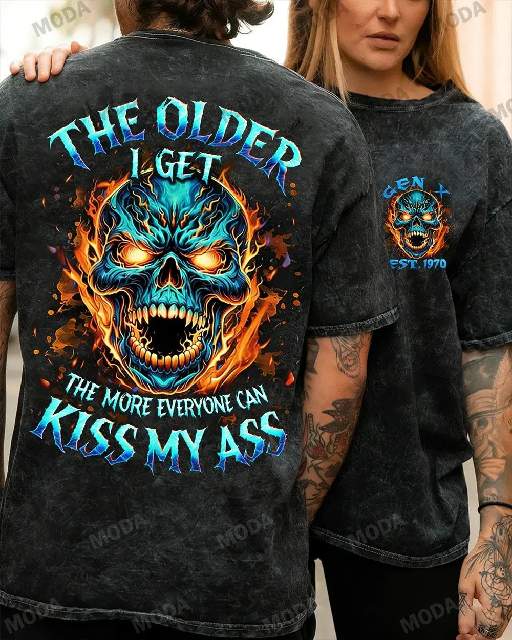 Custom Skull Flaming Skull Funny Quote Gothic Graphic Biker T-Shirt Unisex Tee