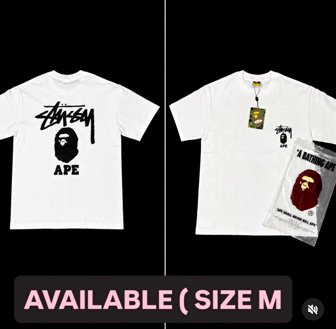 A Bathing Ape x Stussy White Graphic Logo Ape Head Tee M Cotton Crew Neck