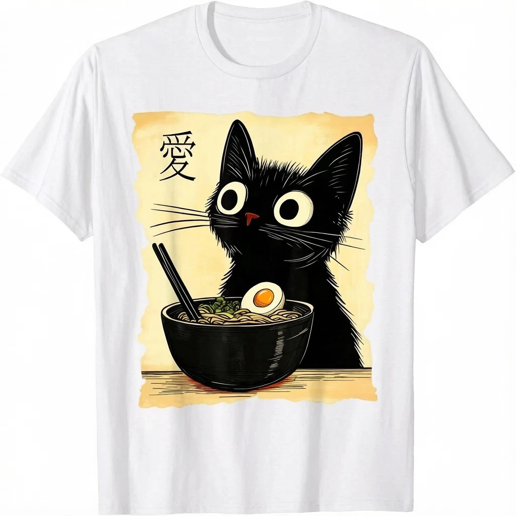 Funny Cat Ramen Graphic Tee Japanese Kawaii Anime Cat T-Shirt size S to 5XL