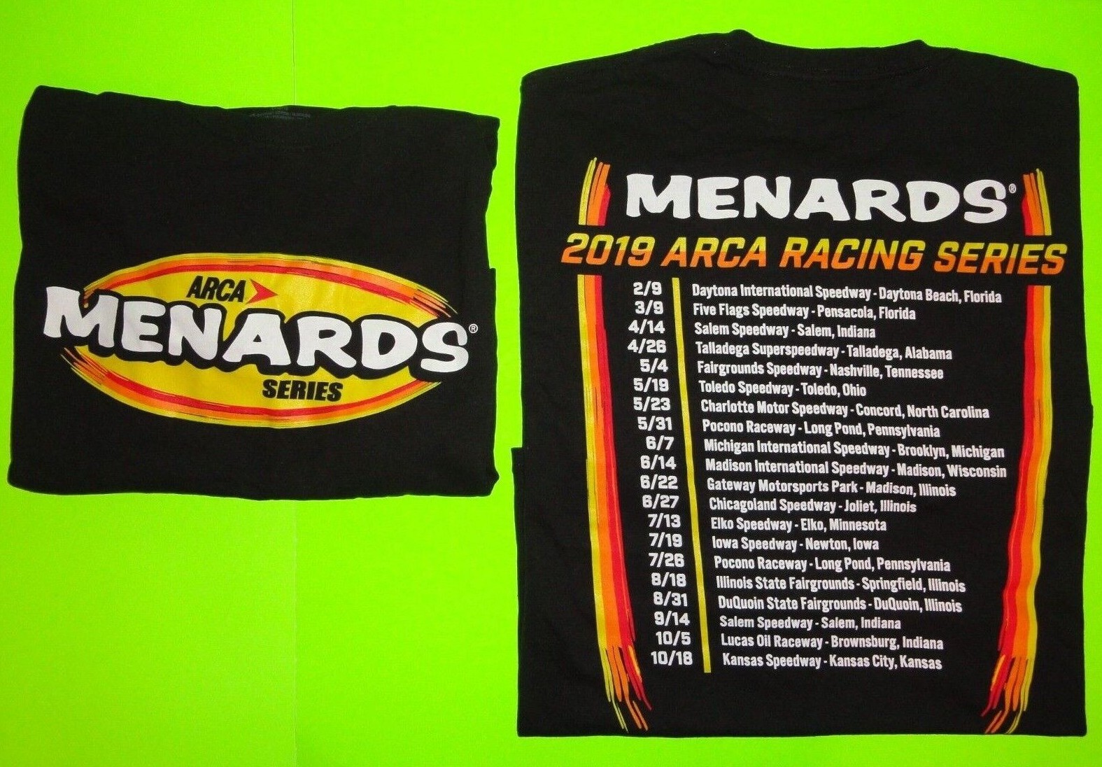 (Lot of 2) Sz. 2XL / 2X-LARGE BLACK Menards ARCA Racing Series 2019 T-Shirt NEW