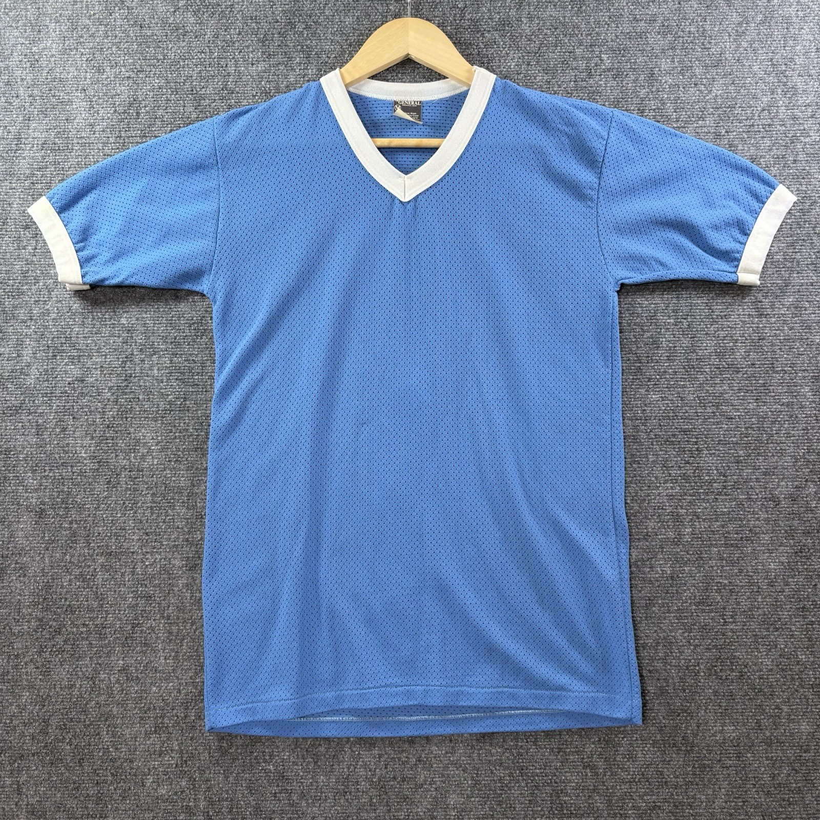 VTG 70s Nylon Mesh Flock Printed V Neck Jersey Mens M Blue Baseball Football