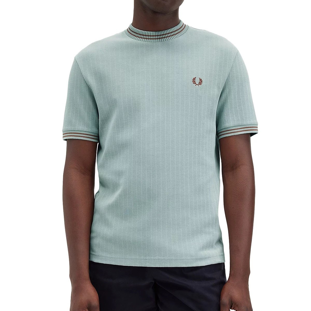 Fred Perry Men’s Ribbed Jersey Cotton SS Logo Crew Tee Shirt M8679 Silver Blue