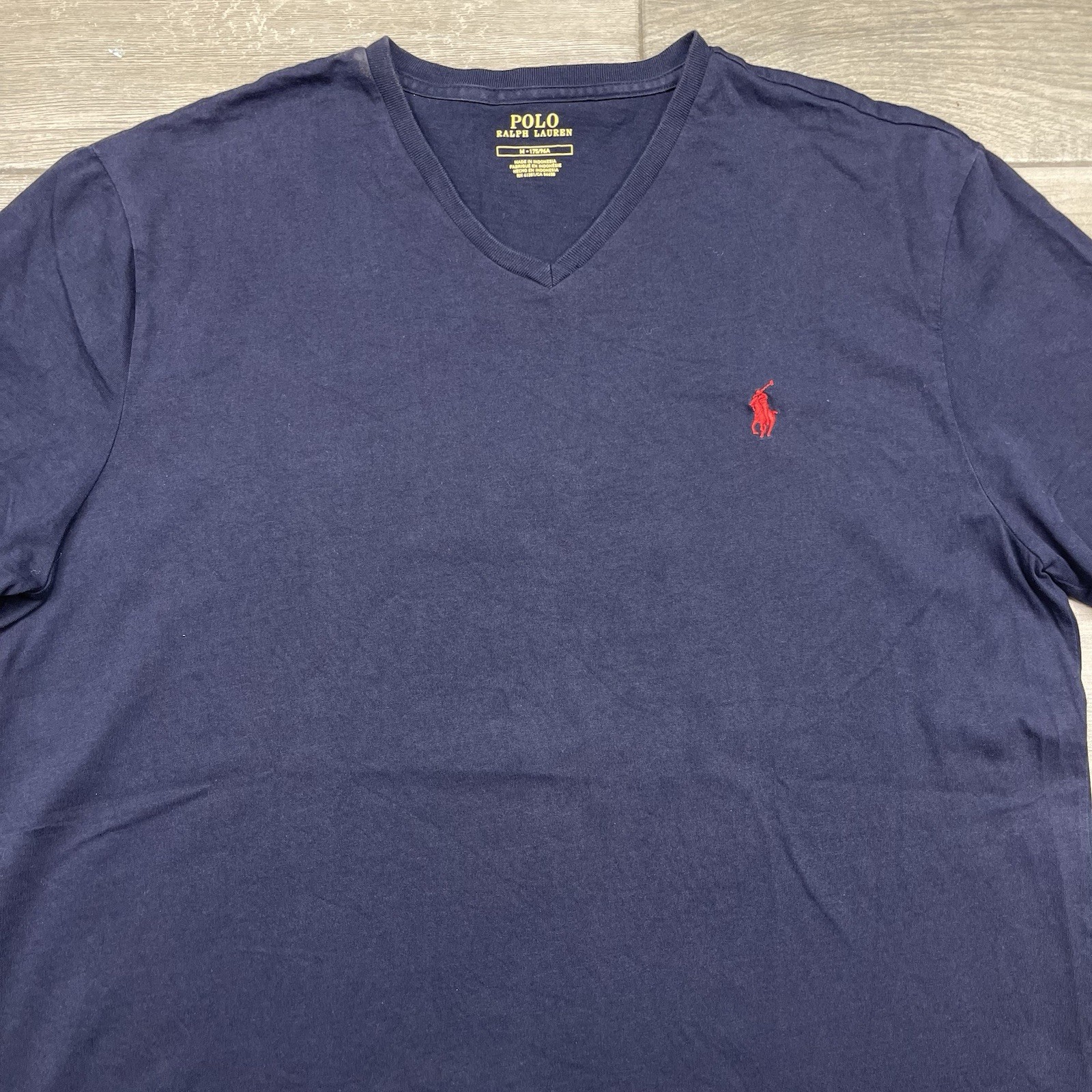 Polo Ralph Lauren V Neck T Shirt Mens Medium Cotton Navy Blue Red Pony Logo