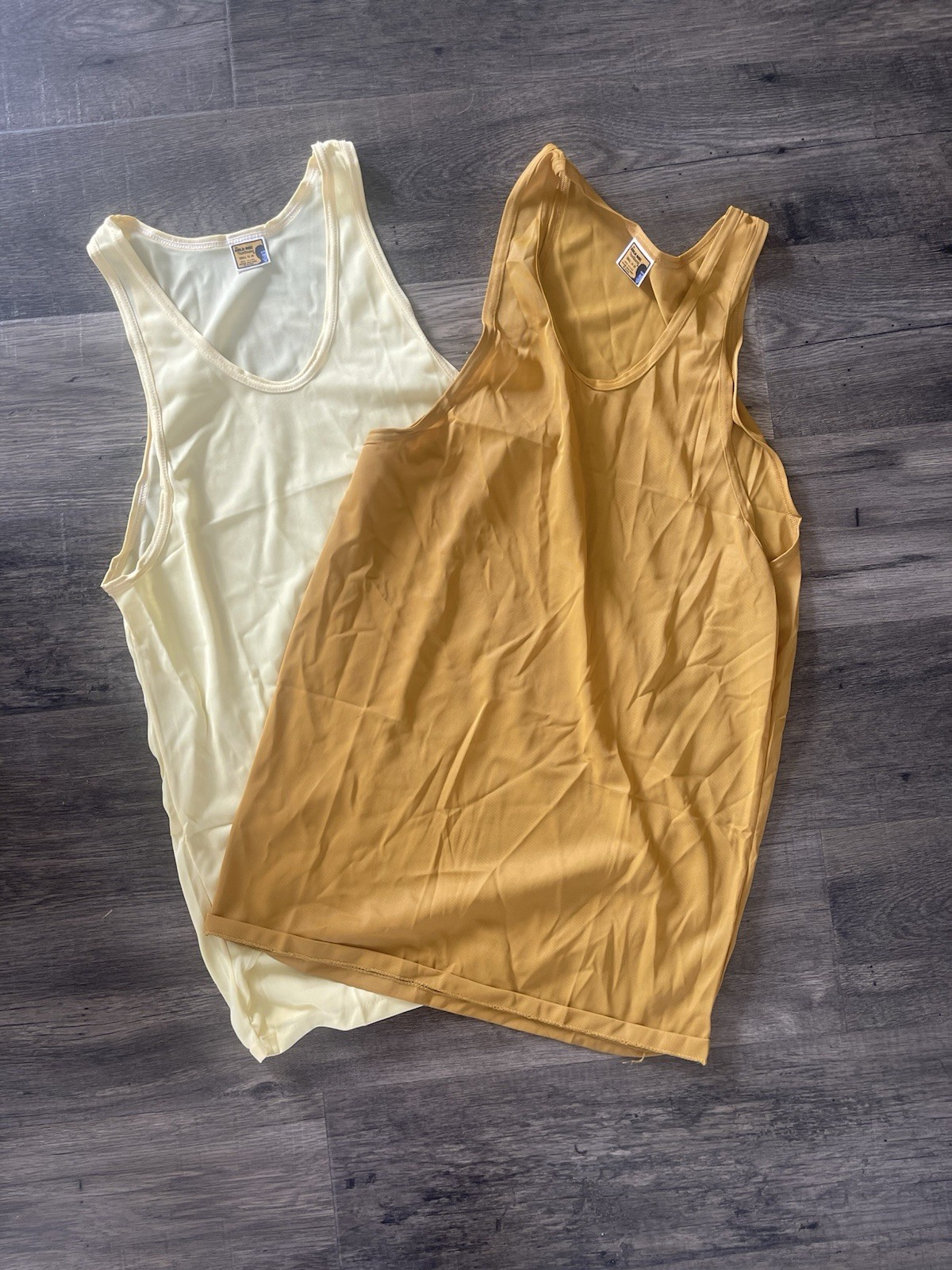 VTG Tank Tops Muscle Undershirts Nylon V Neck Sheer Men’s Sz S Anhurst Bold One