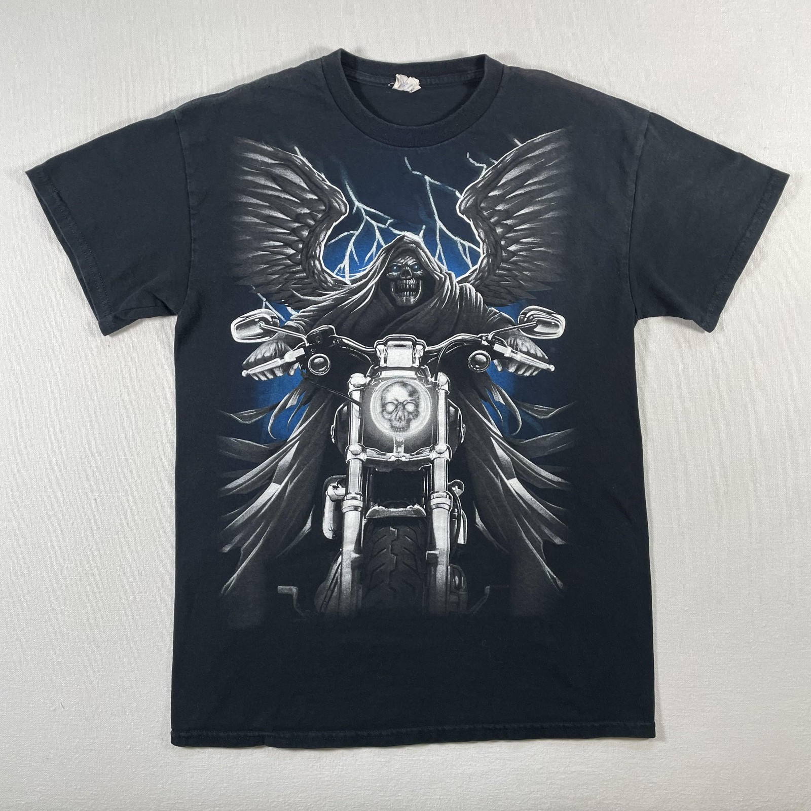 Vintage Grim Reaper Biker Shirt Mens Medium Black Wings Motorcycle Lightning Y2K