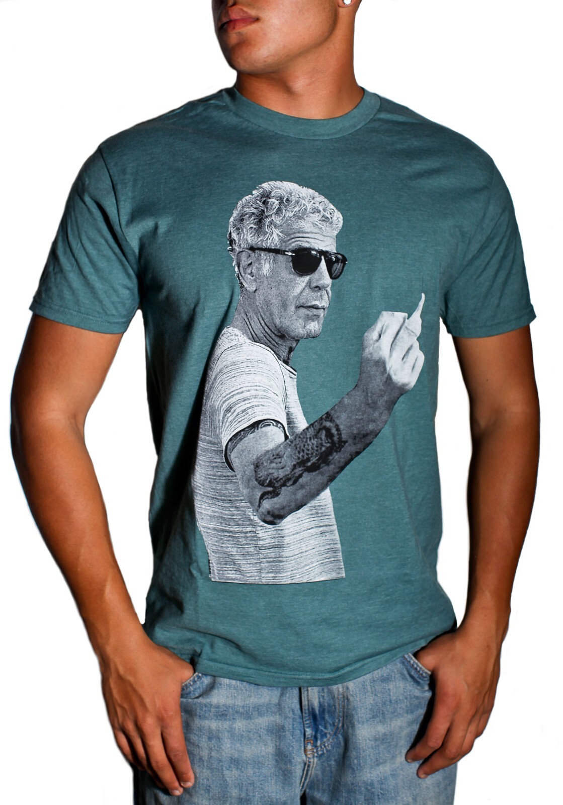 Men’s Anthony Bourdain Middle Finger Graphic T-Shirt Heather Navy Blue
