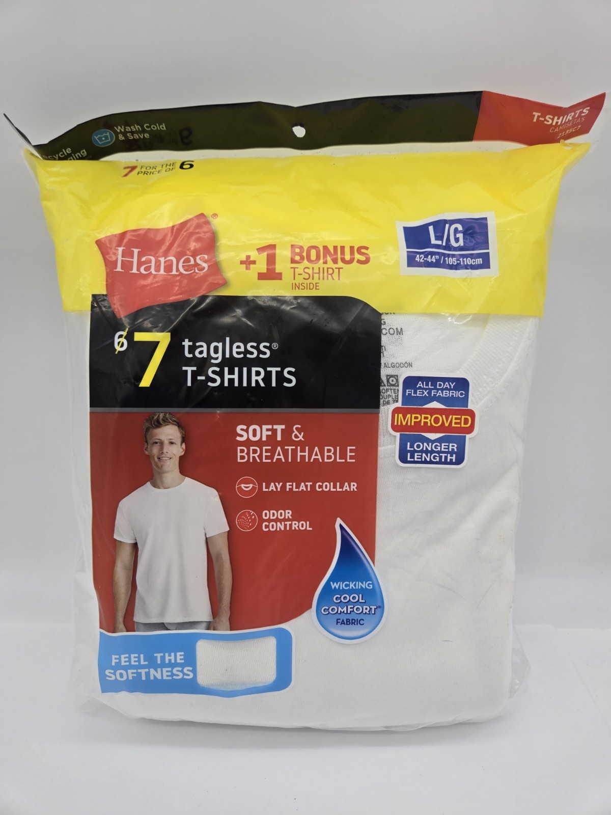 Hanes 7 Pack Men’s Crew Neck T Shirts L 42-44 White Wicking Tagless Flex Fabric