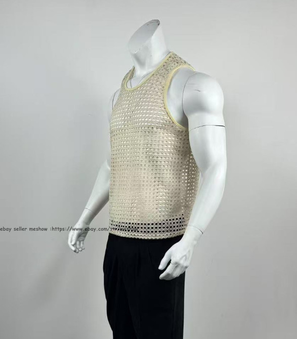Mens Knitted Crochet Tank Tops Summer Hollow Sleeveless T-shirt Scoop Neck Shirt