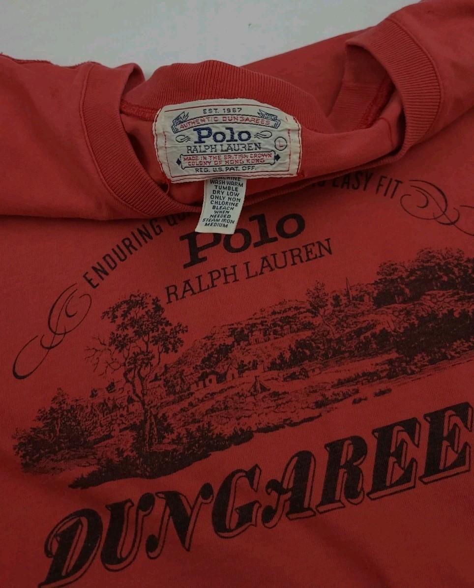 Vintage Polo Ralph Lauren Dungarees Print T Shirt Outdoor Country Sportsman WORN