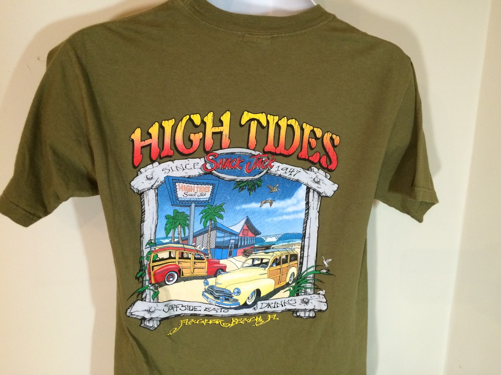 T-SHIRT S 94% Cotton GREEN- HIGH TIDES SNACK JACK FLAGLER BEACH, FL e
