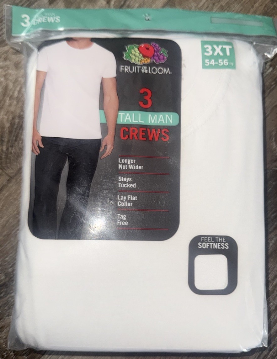 Fruit Of The Loom Mens 3-Pack Crew T-Shirts White Undershirt Cotton Tall Man 3XT