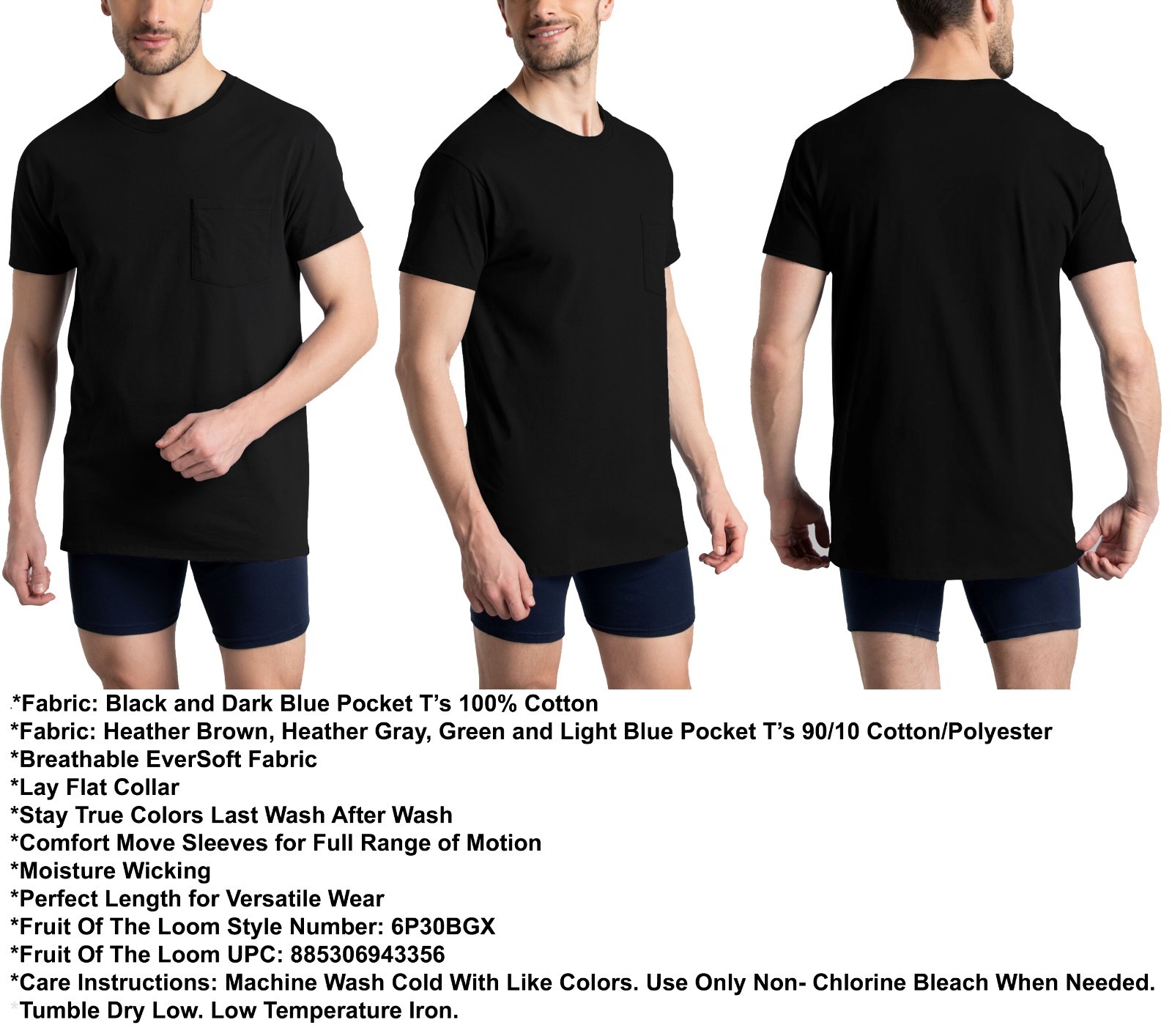 6 Fruit Of The Loom 2XL 50-52 Black Gray Pocket T-Shirts 2EG 127-132 CM