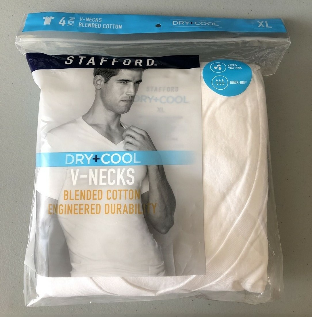 Stafford 4-Pack Men’s Dry+Cool Blended Cotton V-Neck T-Shirts White