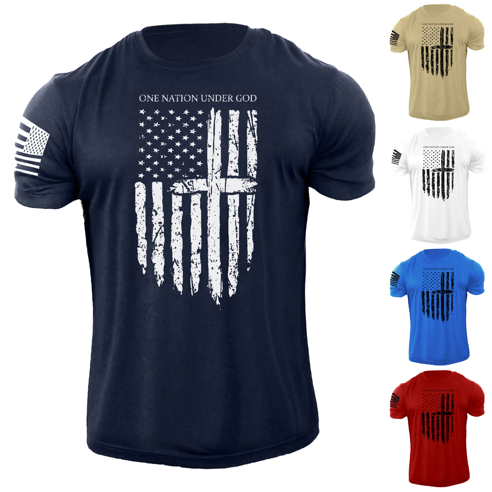 Men’s One Nation Under God USA Flag T Shirt American Patriotic 100% Cotton