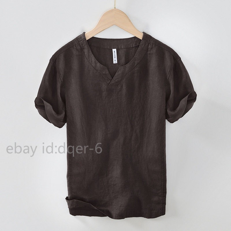 Mens Chinese Hanfu Casual Short Sleeved 100% Linen T-shirt Thin Shirt Retro Top