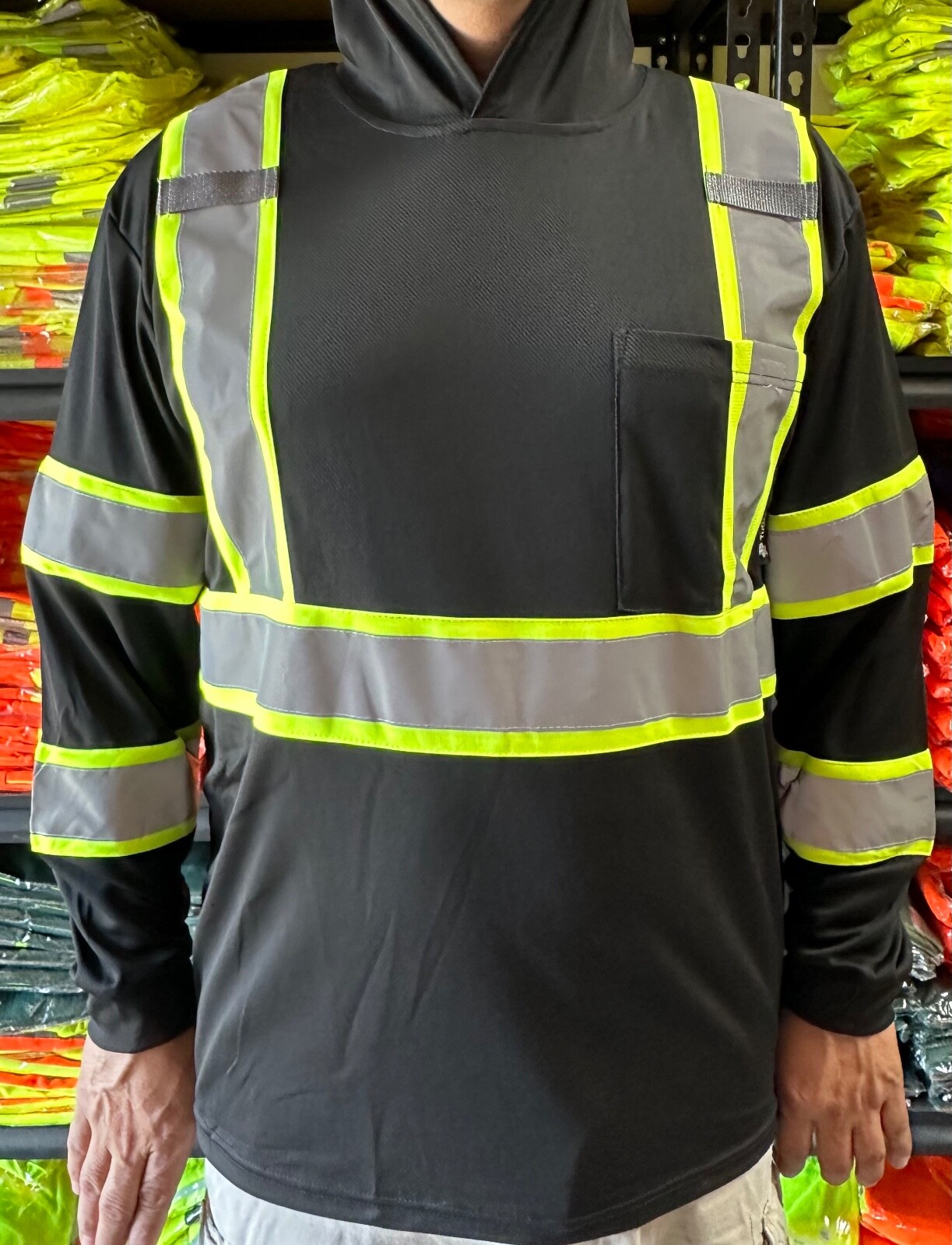 Hoodie Black High Visibility Safety Shirt With Reflective Stripes
