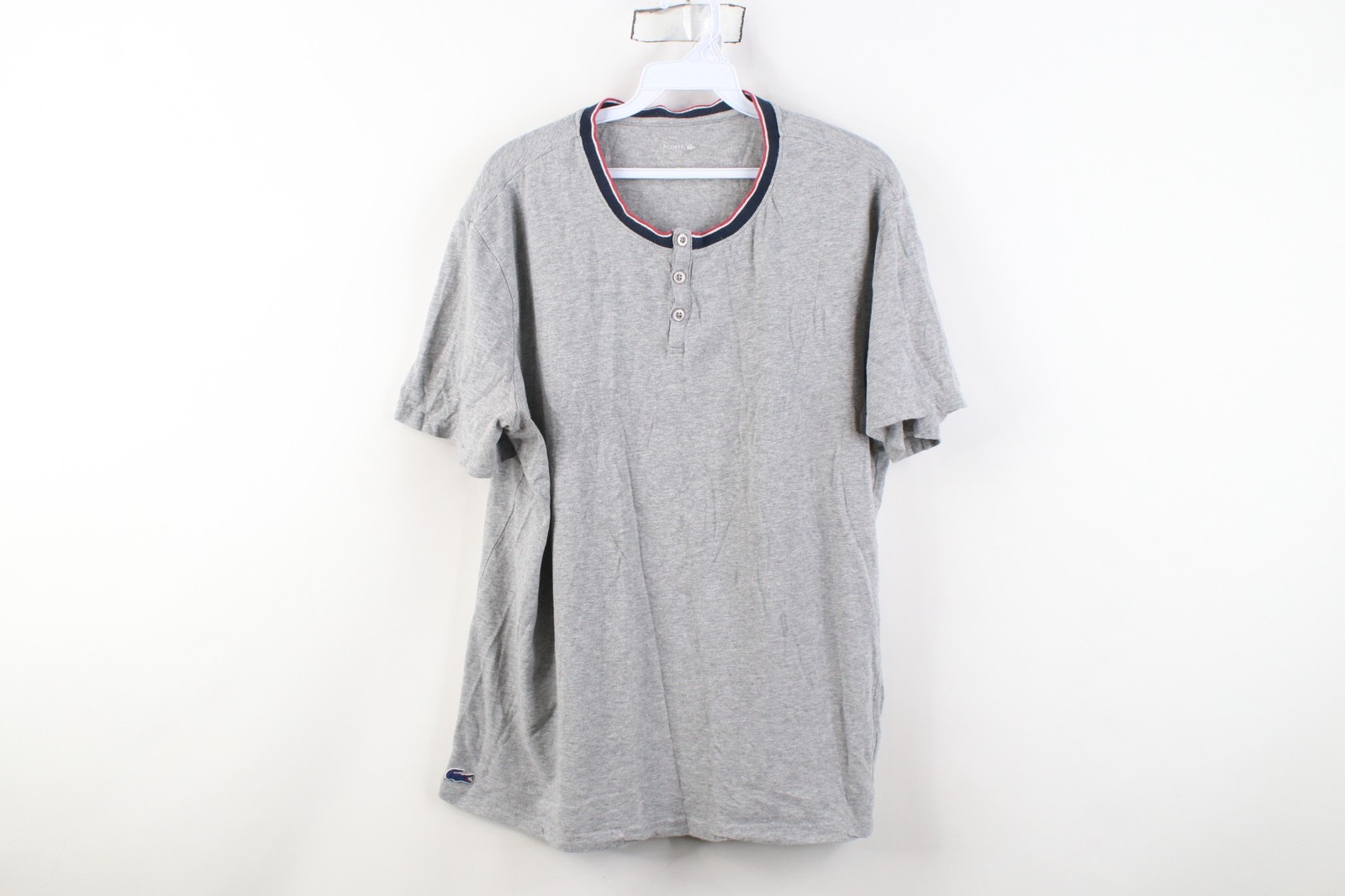 Lacoste Mens Size Large Croc Logo Jersey Knit Short Sleeve Henley T-Shirt Gray