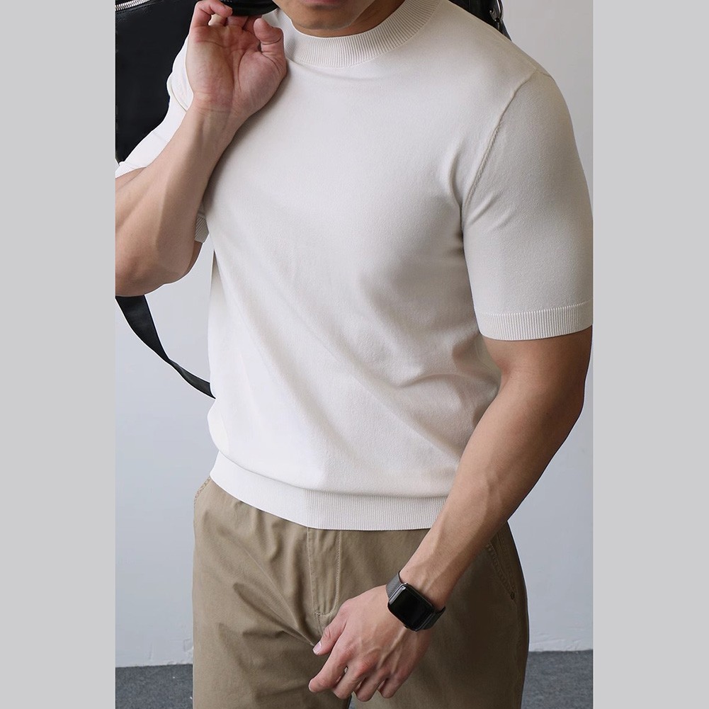 Mens Knitted Half-High Collar Short Sleeve T-Shirt Casual Slim Knit Pullover Top
