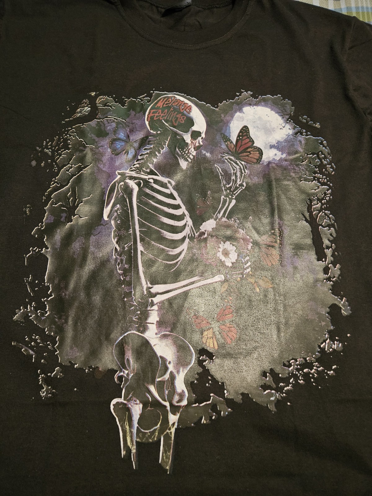 Melange Feelings Skeleton/Butterfly Black Screen Print Double-sided T-Shirt 2XL