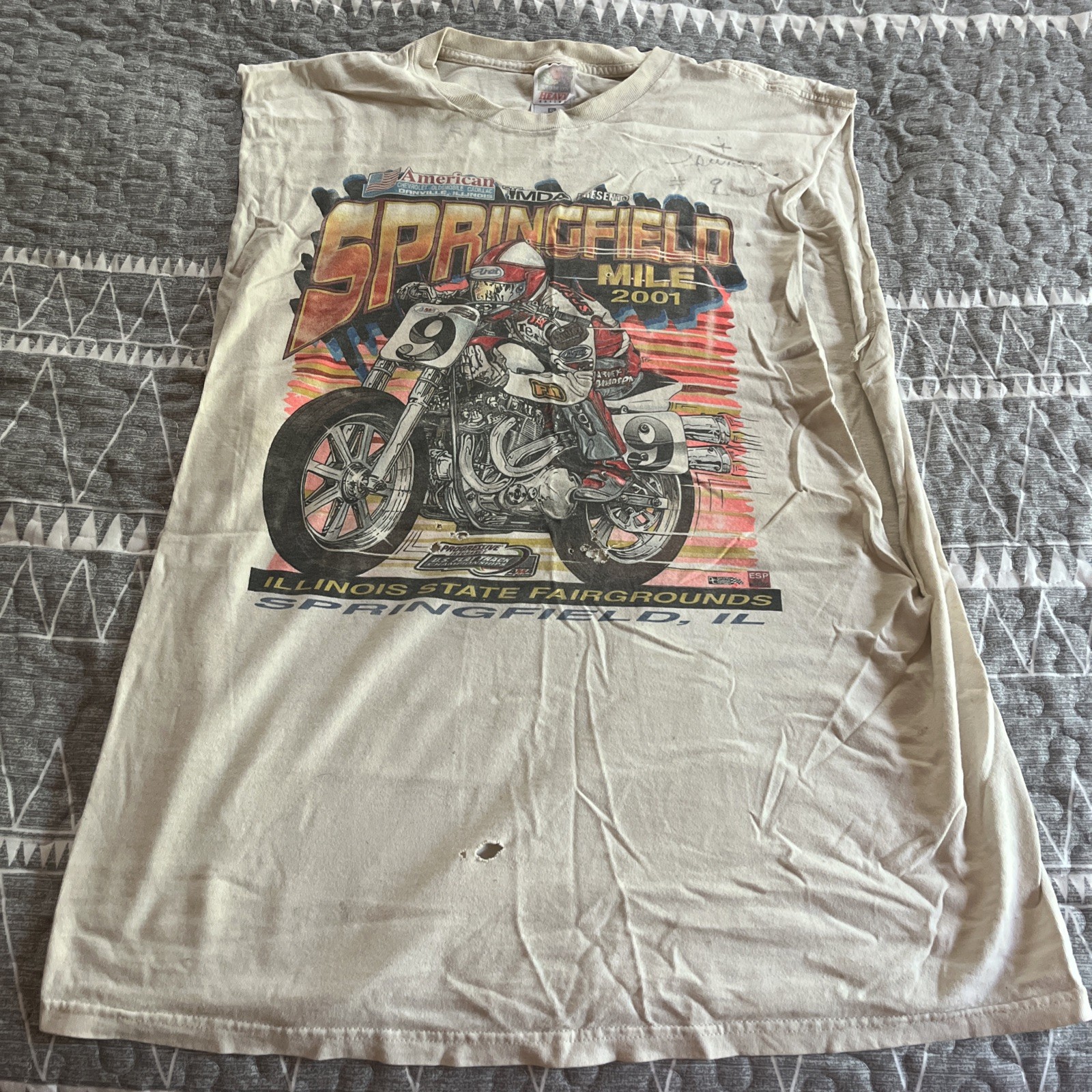 01’ VTG Autograph Springsteen Springer Flat Track Racing Tee Size XL Cut Sleeves