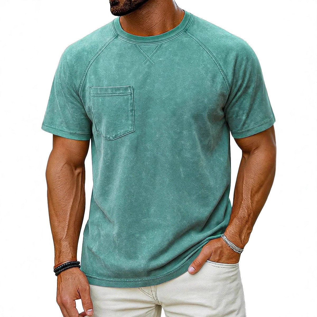 Men’s Vintage Washed Raglan Short Sleeve T-Shirt, Pocket Crew Neck Casual Tee