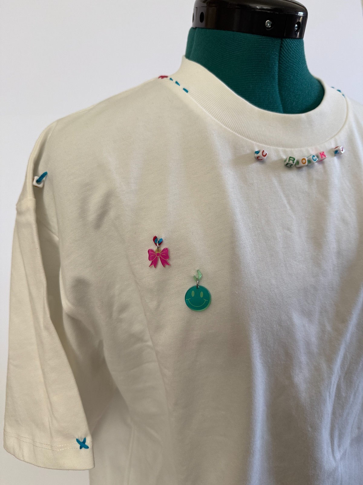 Oversized White Shirt Y2K Smiley Beaded Charms Handmade Stelle Brand